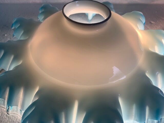 Old French suspension lamp in corrugated opaline glass gradient blue