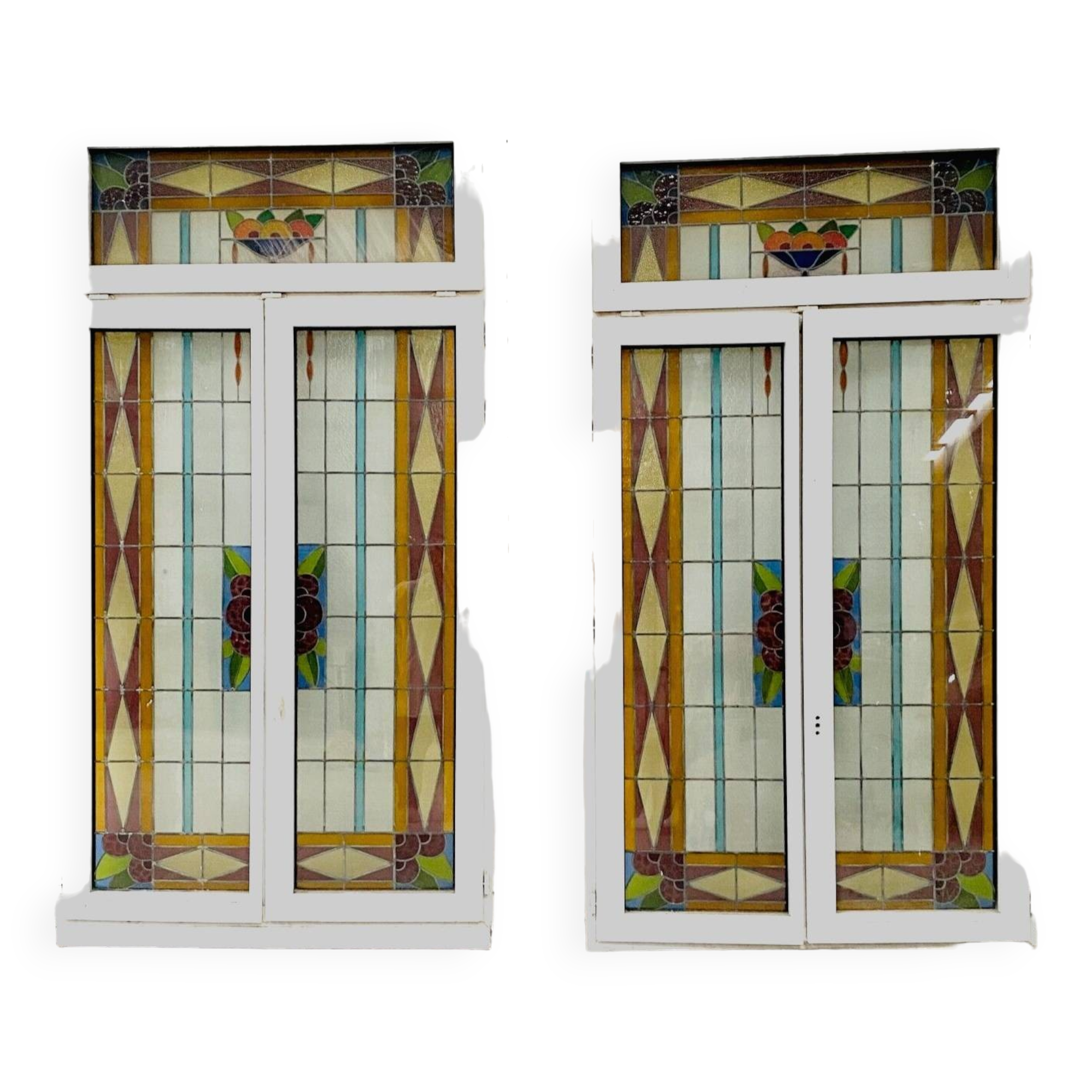 Pair of two-leaf windows in 20th century Art Deco stained glass