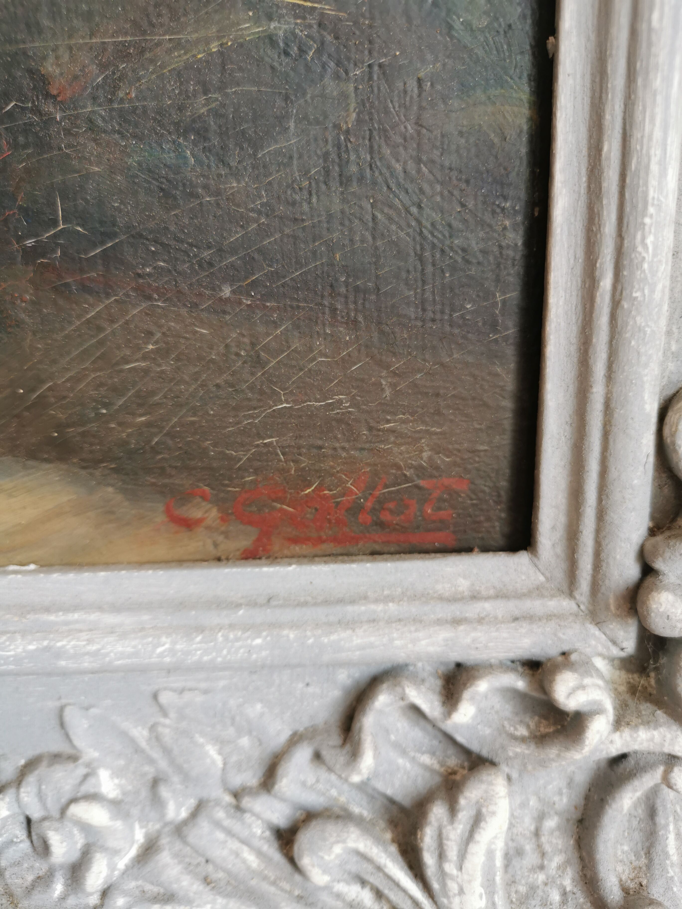 Painting interior scene, oil on plywood, early twentieth.