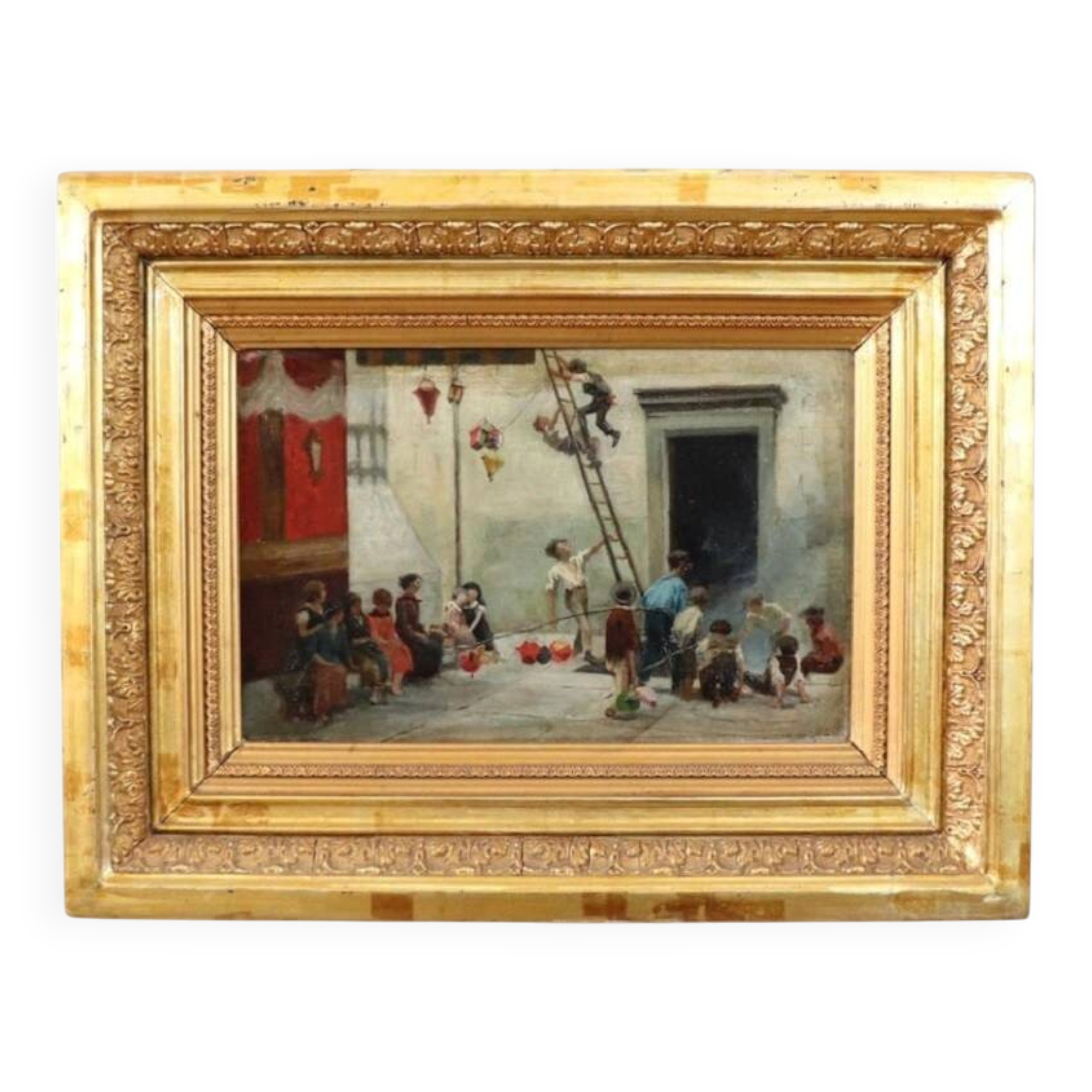 Oil Painting On Canvas, Children At Play, Italy, 19th Century