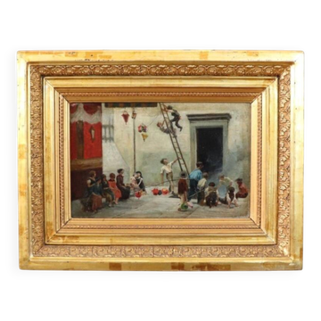 Peinture à l'huile sur toile, enfants en train de jouer, Italie, 19ème siècle