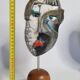 Signed raku ceramic mask on wooden base Contemporary sculpture 30 cm