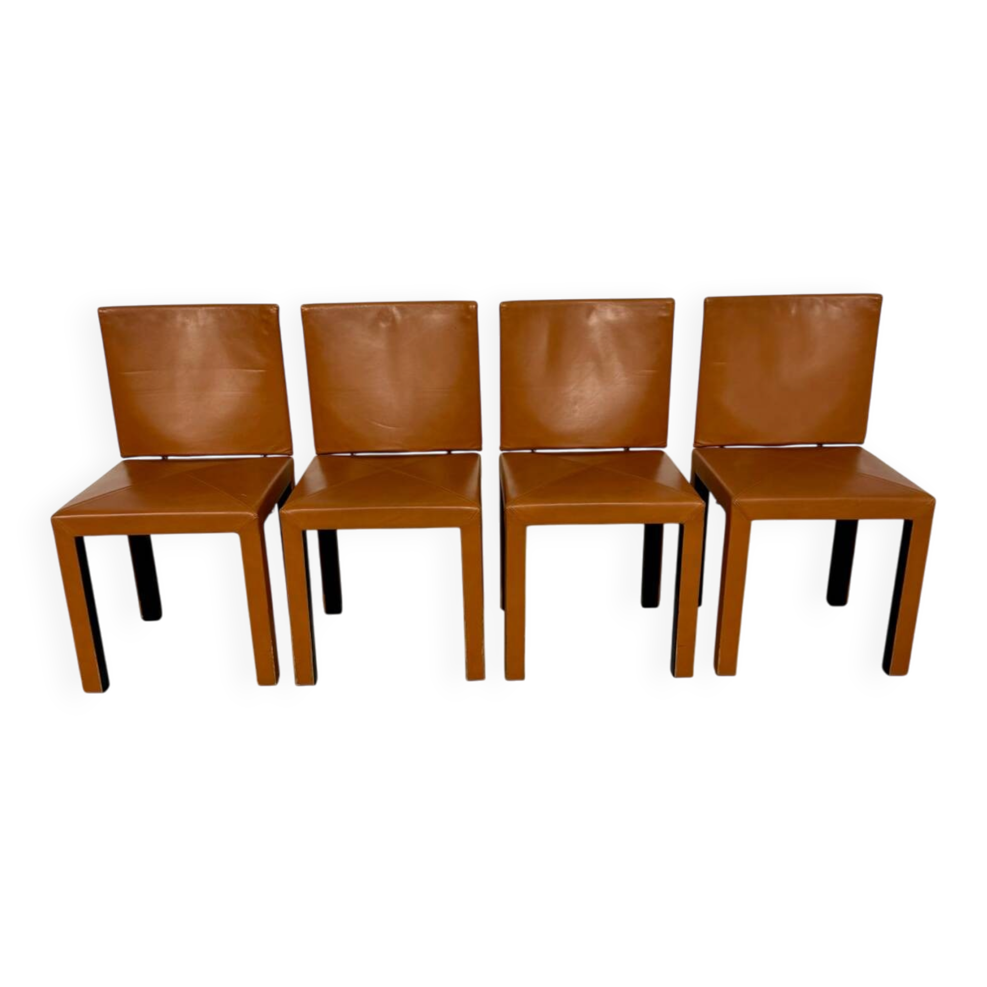 4 camel leather chairs, postmodern design by Paolo Piva for B&B Italia Arcadia.