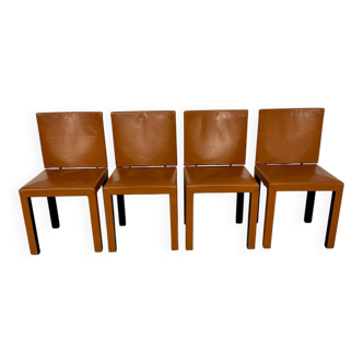 4 camel leather chairs, postmodern design by Paolo Piva for B&B Italia Arcadia.