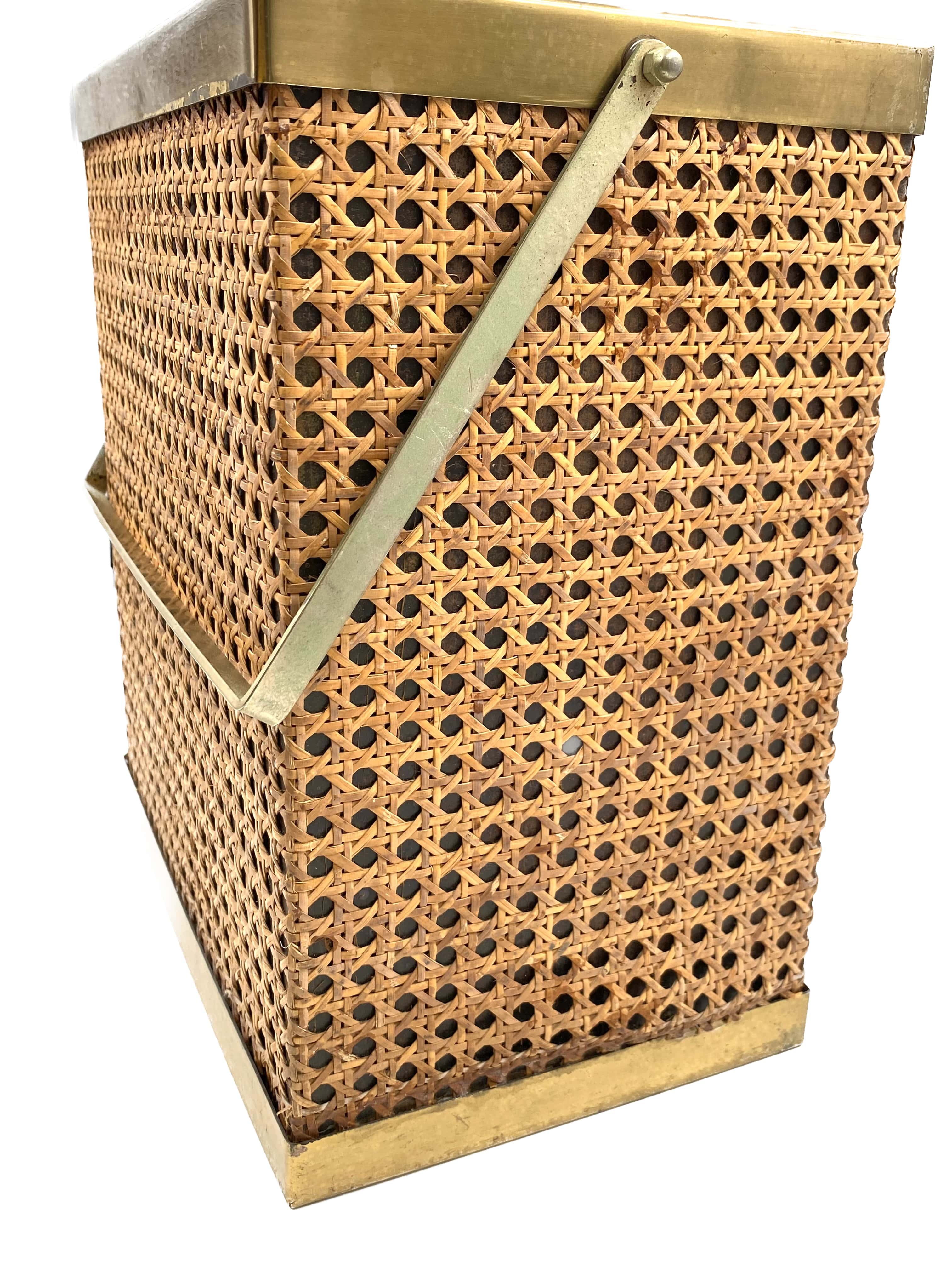 Hollywood regency brass and Vienna straw magazine rack,  Italy 1970