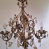 Lustre italien antique à 5 bras, roses en céramique et gouttes de cristal *ROMANCE*