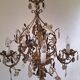 Lustre italien antique à 5 bras, roses en céramique et gouttes de cristal *ROMANCE*