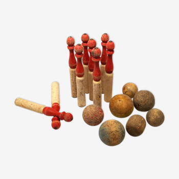Very Old Set of 9 Wooden Bowling Vintage Deco Game