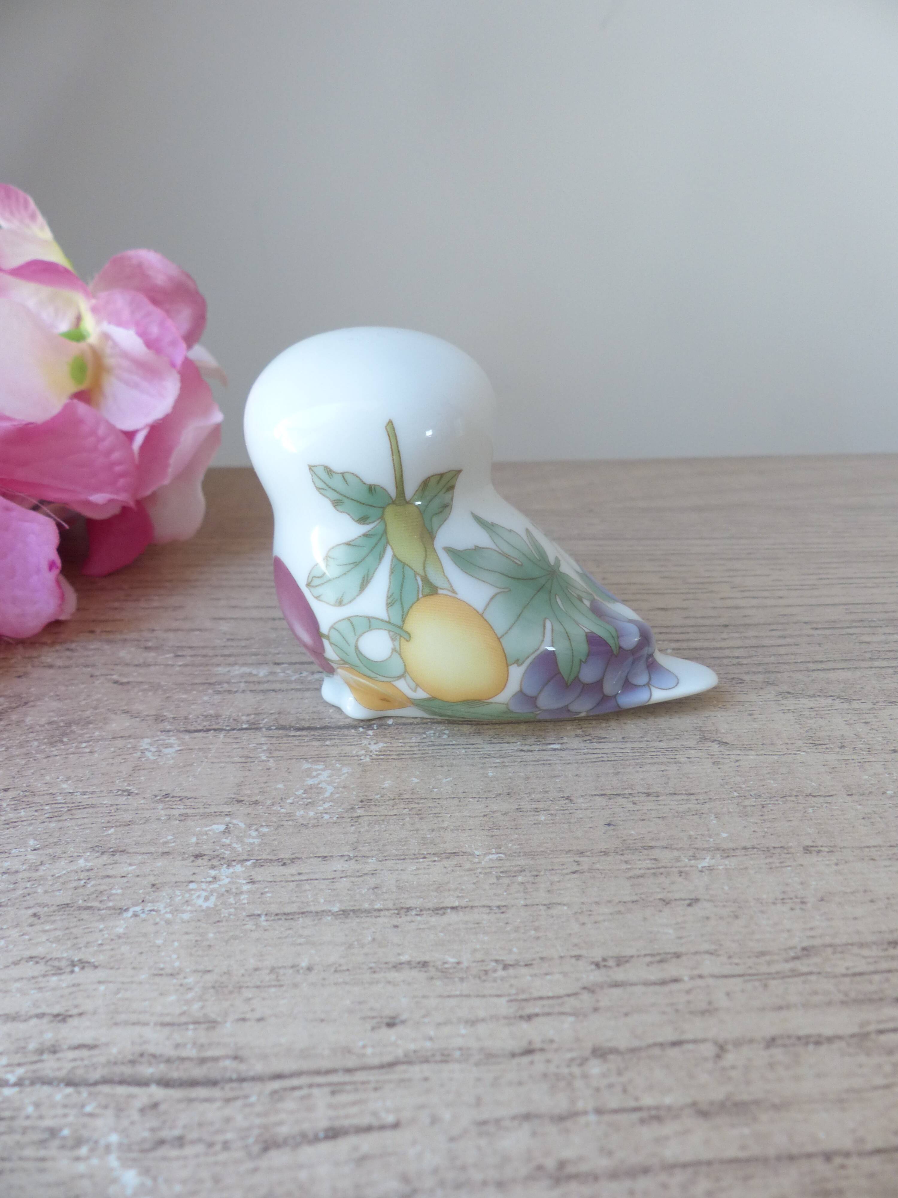 Porcelain owl figurine with fruit decoration, miniature owl with garden fruits