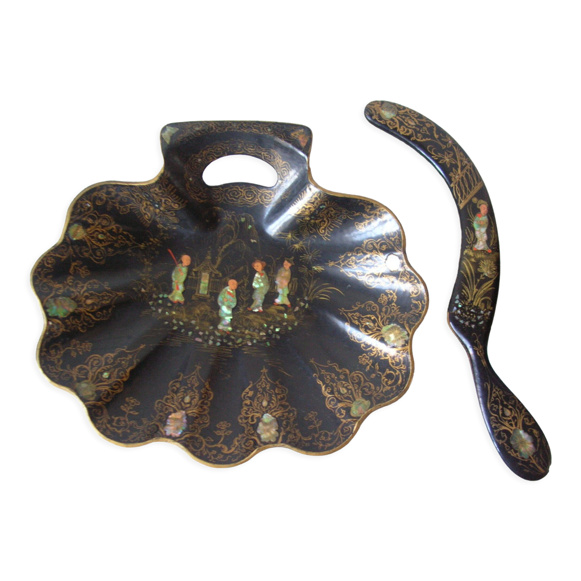 Old garbage pickup shovel brush cardboard boiled mother-of-pearl wood deco japanese