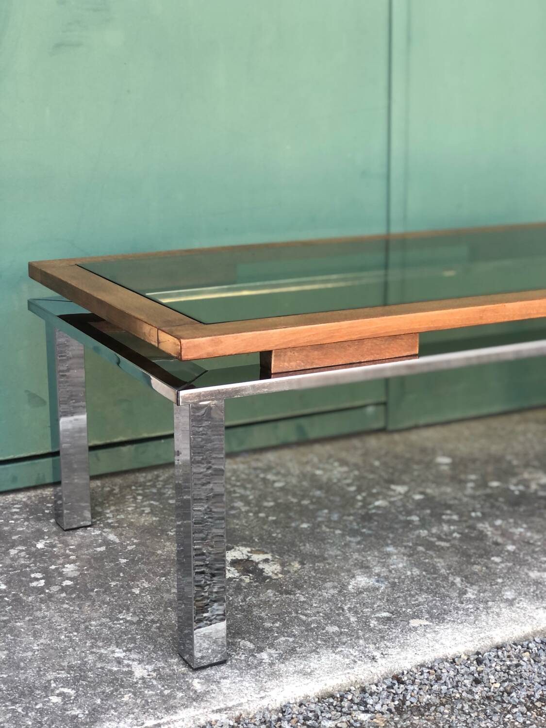 Vintage rectangular coffee table 1970 chrome, wood & smoked glass