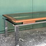 Vintage rectangular coffee table 1970 chrome, wood & smoked glass