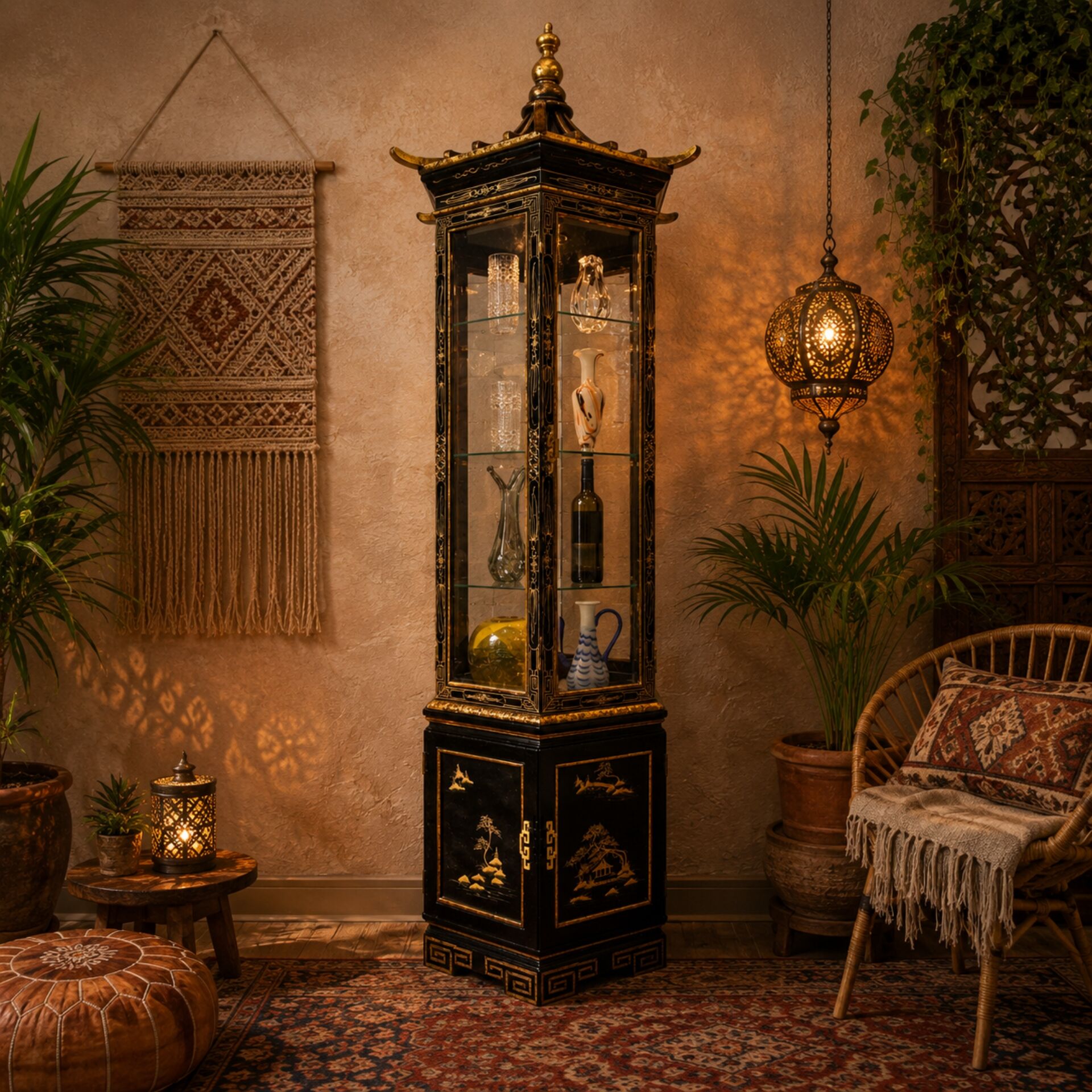 Vitrine chinoise avec toit en pagode et éclairage (asiatique)