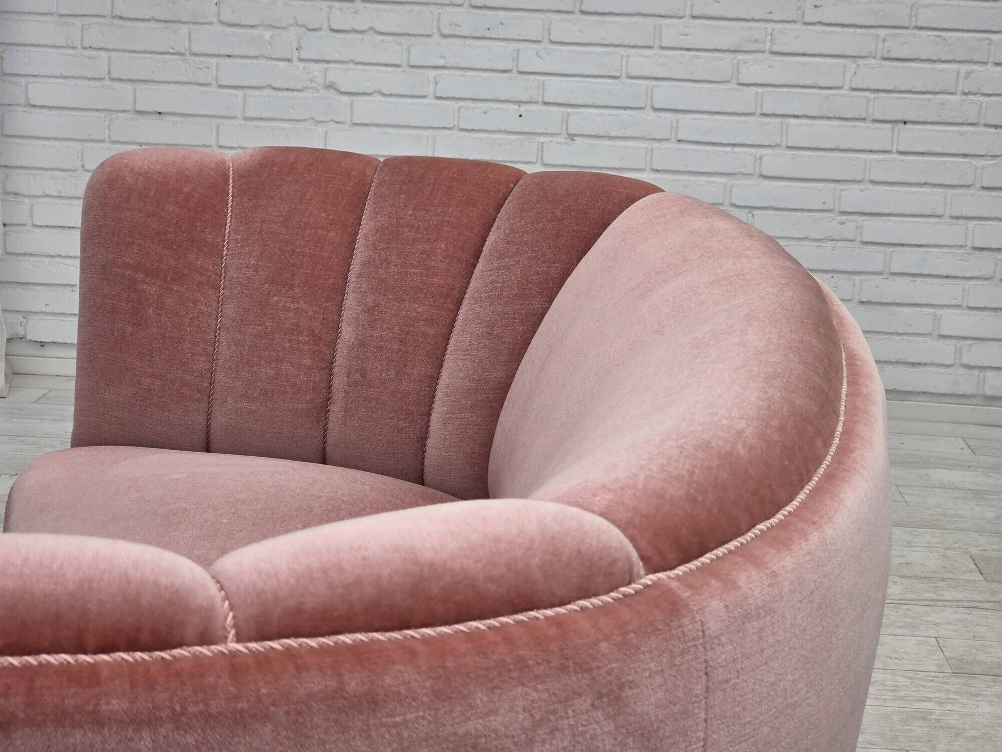 1970s, Danish 2-seater curved sofa, original salmon pink furniture velour.