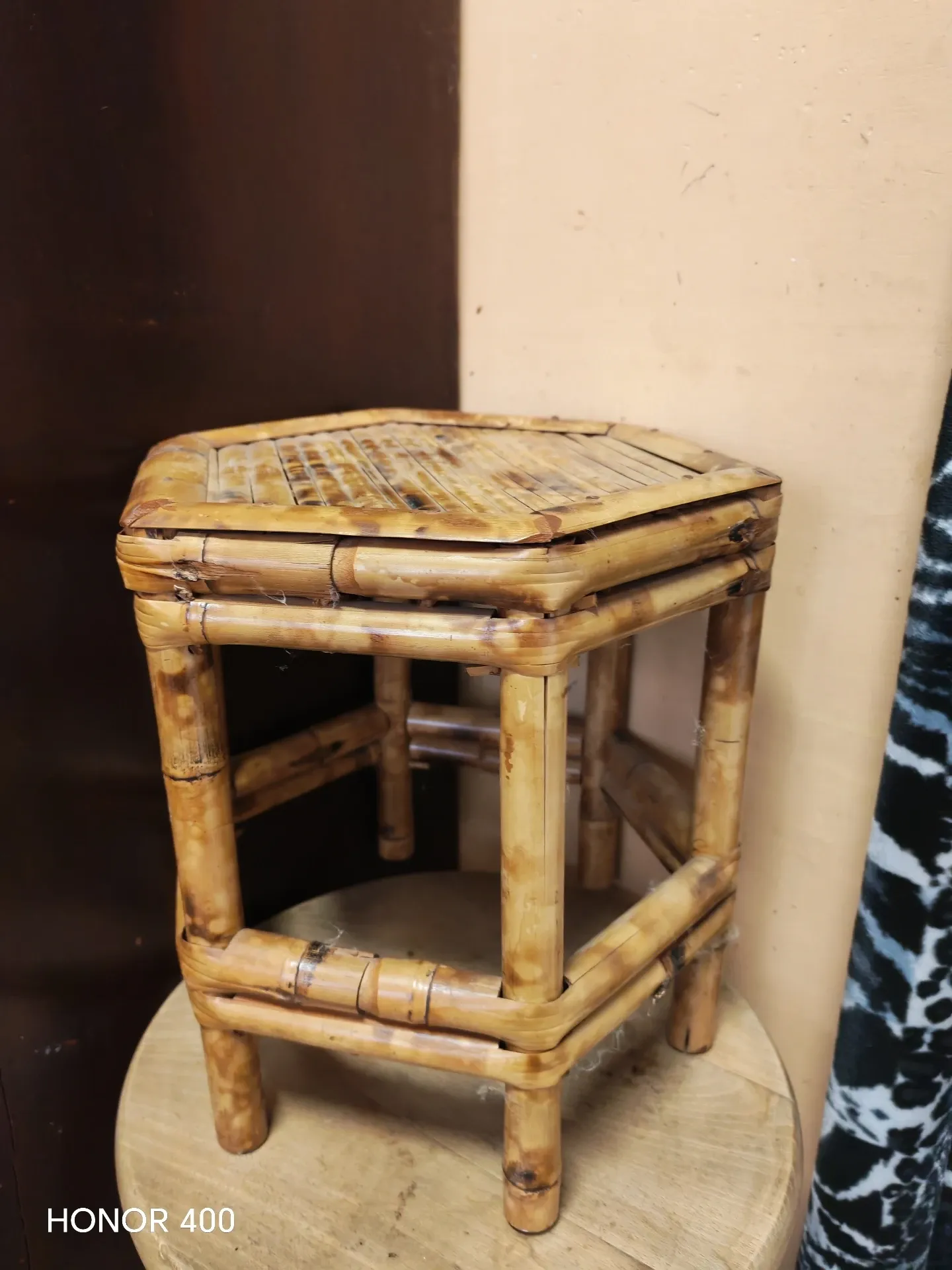 Vintage burnt bamboo side table