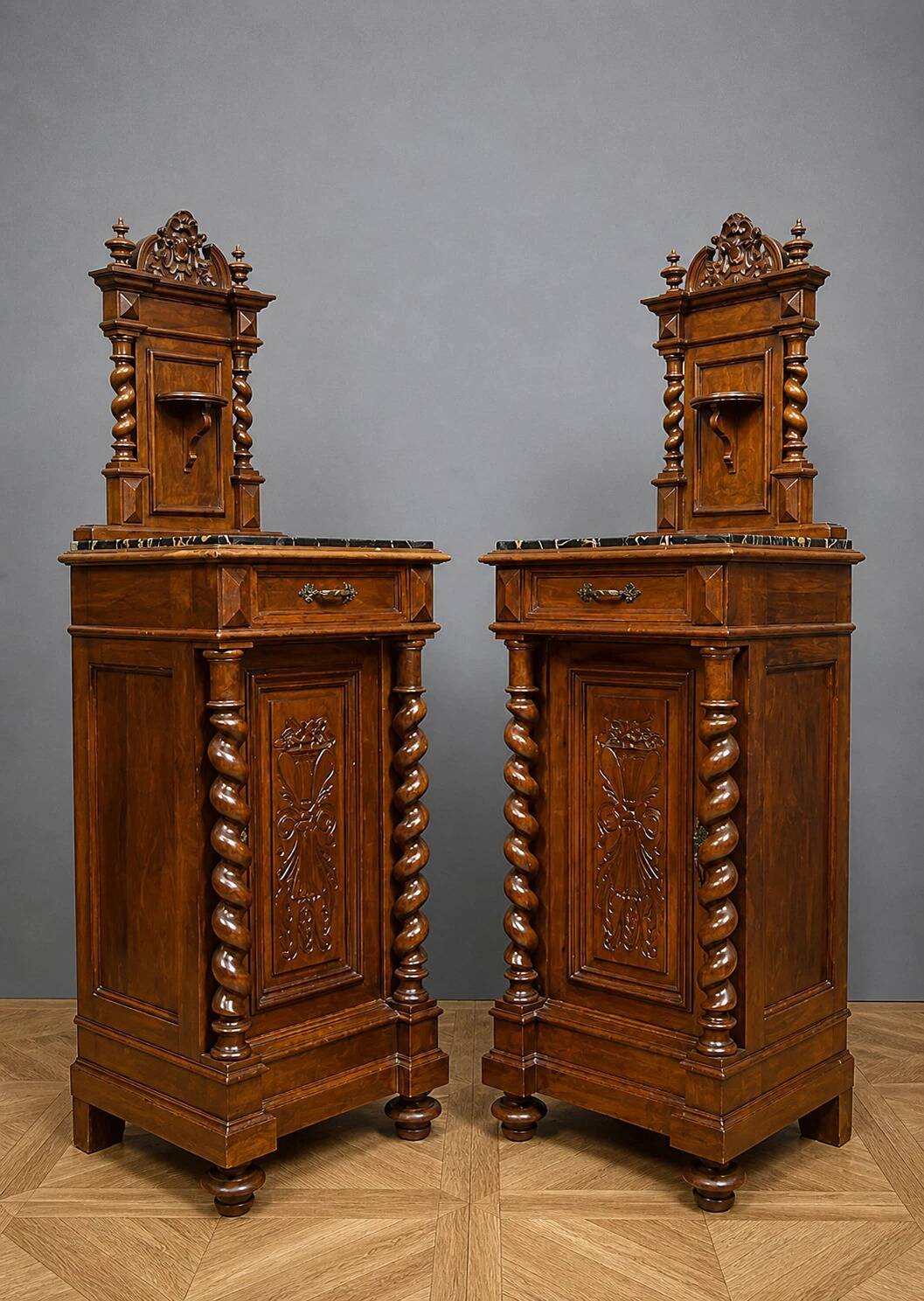 Pair of small side tables or bedside tables from the Napoléon III period, in walnut.