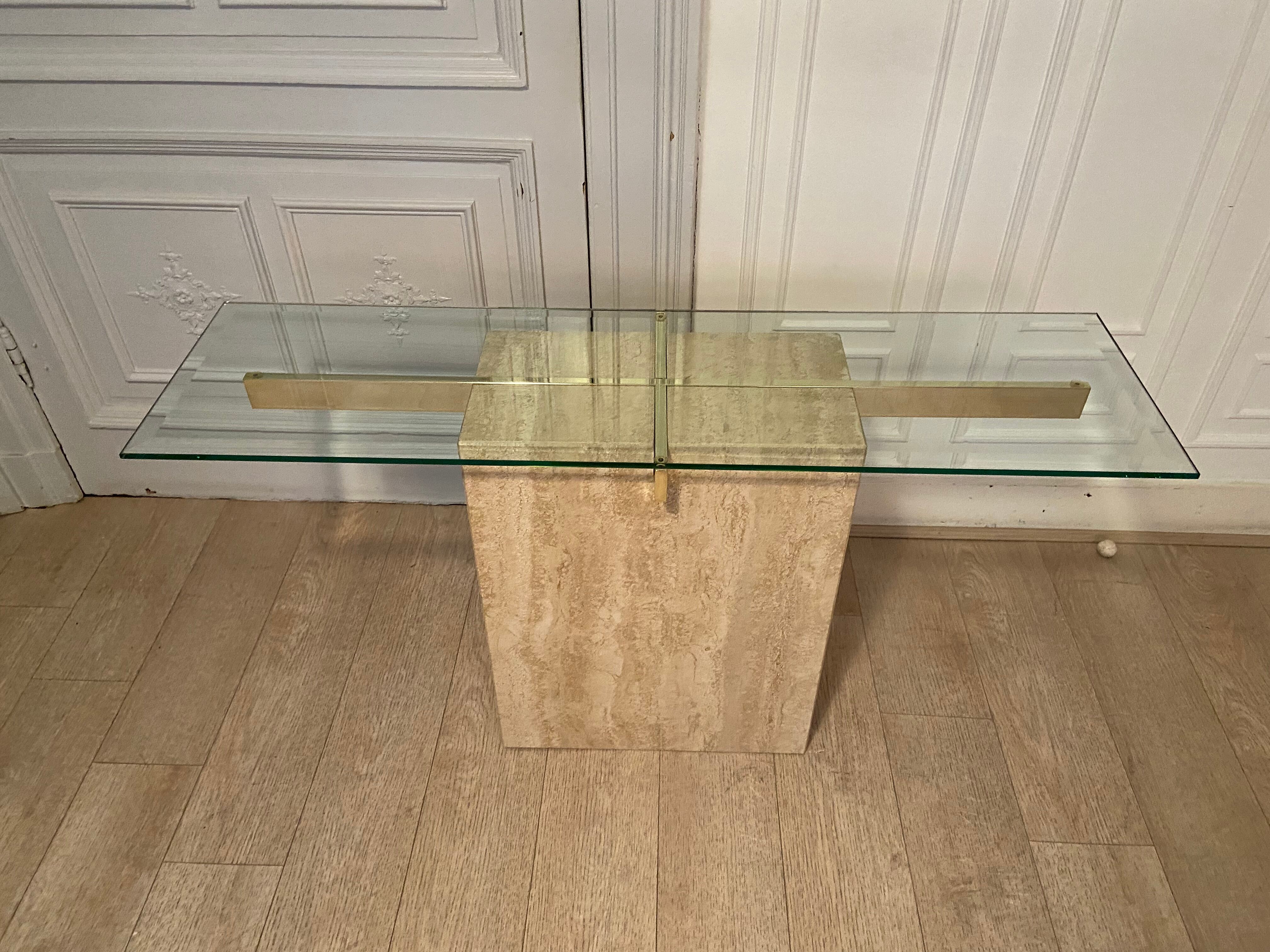 Travertine console and gold metal cross, Italy, 1970s