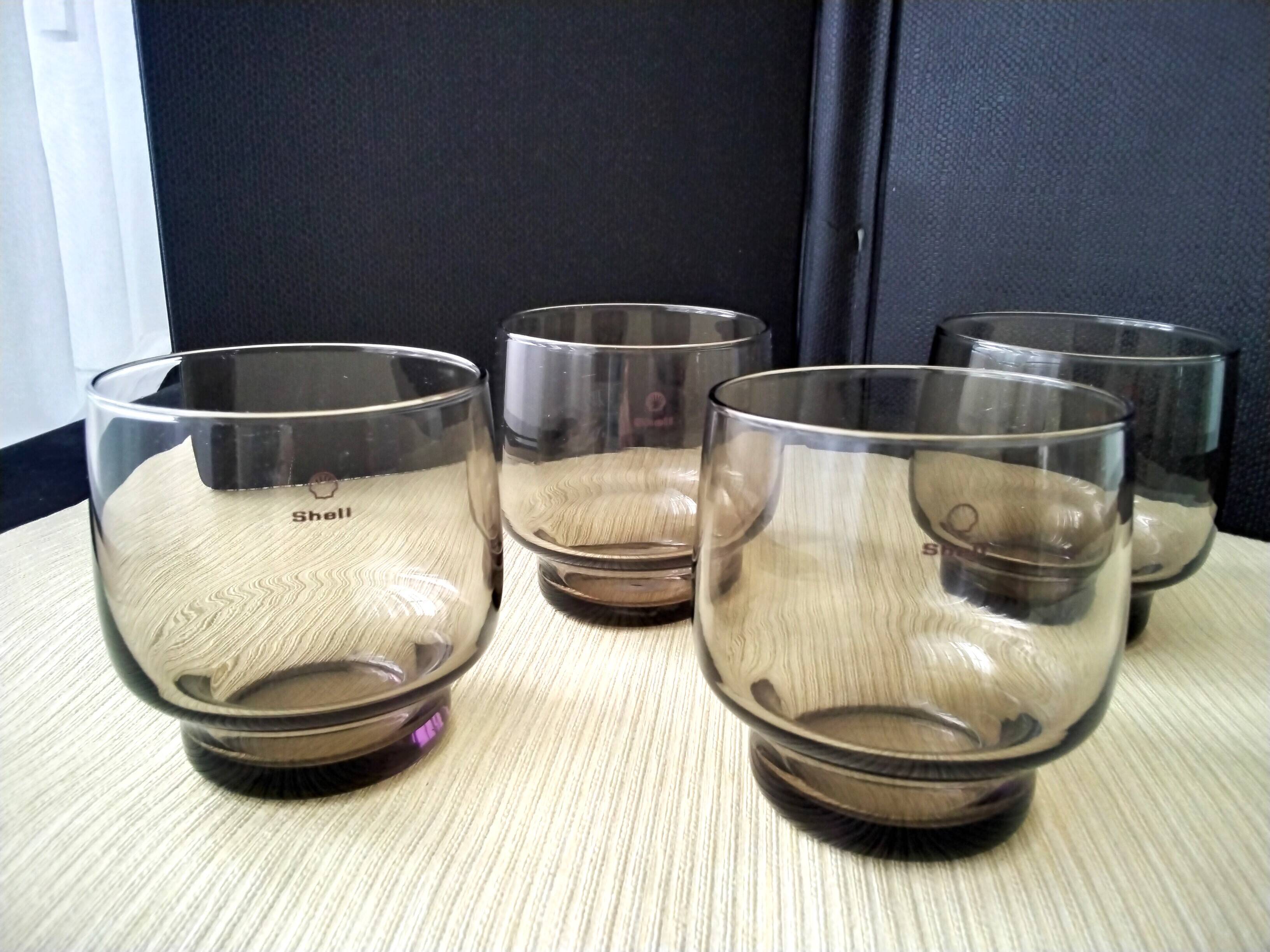 4 vintage shell smoked glass glasses