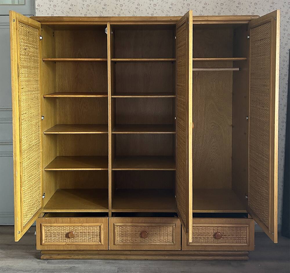Vintage wardrobe, bamboo and rattan, Maugrion for Roche Bobois, 1980s