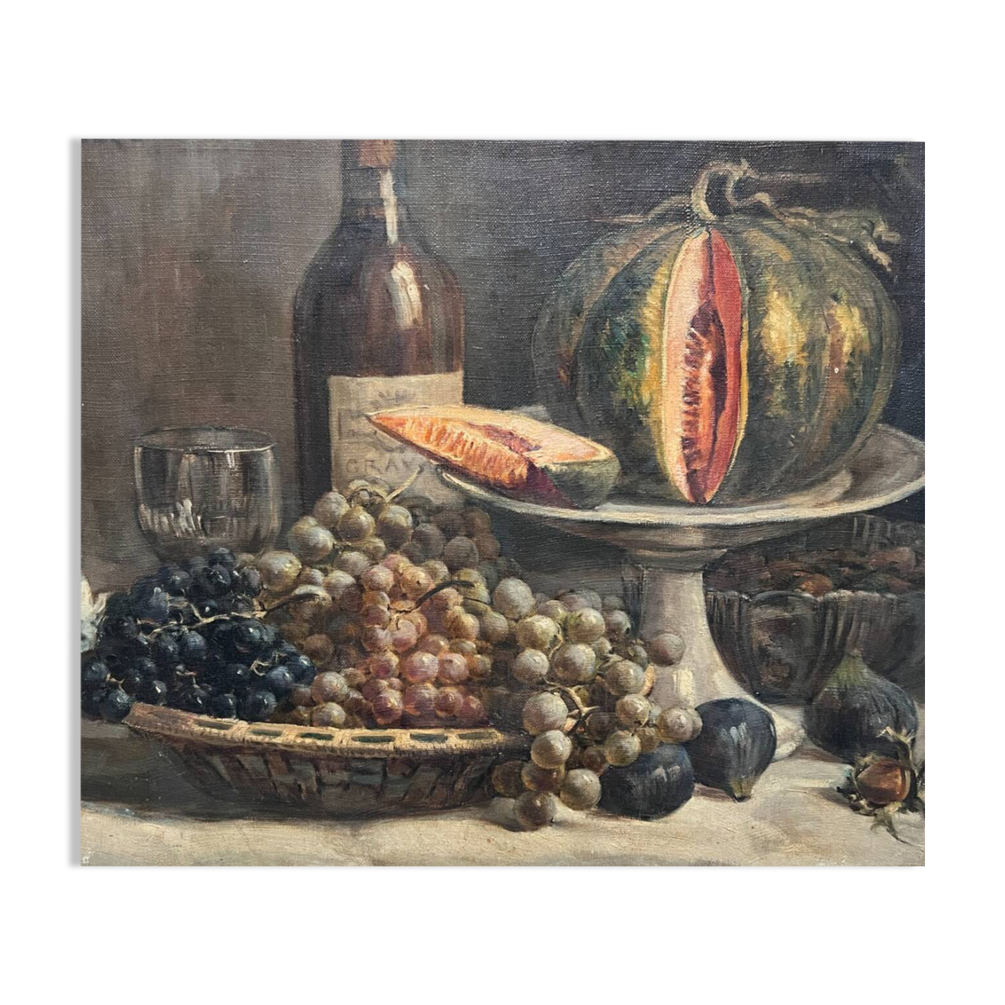 Painting by gaston ploquin (1882-1970) grapes, still life of fruits