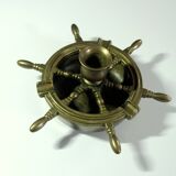 1960s solid brass ashtray in the shape of a steering wheel with a candle stick, vintage