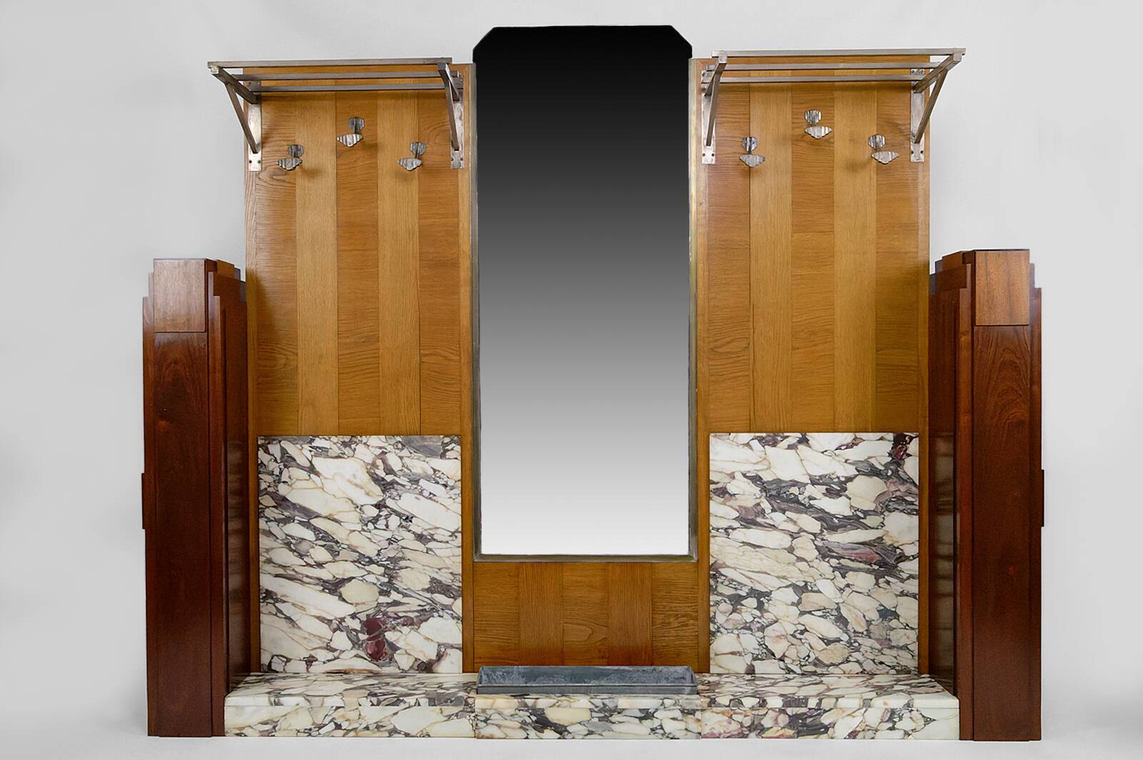 Large Art Deco wardrobe in oak, marble and mahogany, circa 1925