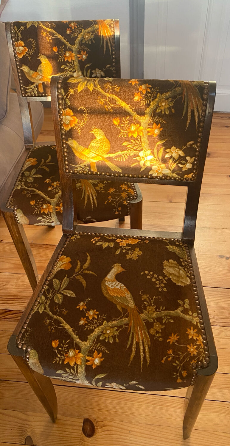 Set de 2 chaises vintage en velours oiseaux 1960-1970, état comme neuf.