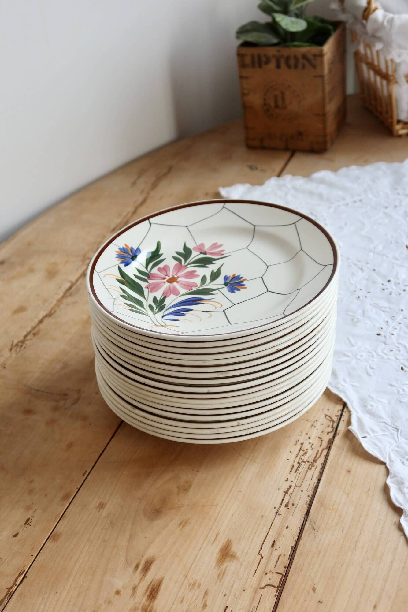 6 vintage flat plates faience Saint-Amand model Maurice – Flora decor