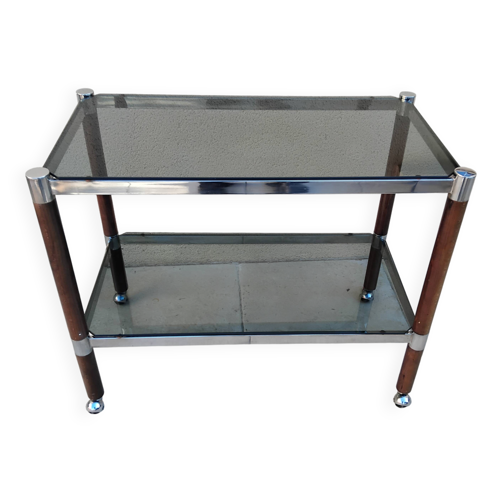 Vintage wooden serving trolley with smoked glass, chrome metal and wood