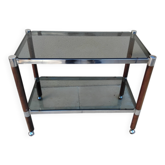 Vintage wooden serving trolley with smoked glass, chrome metal and wood