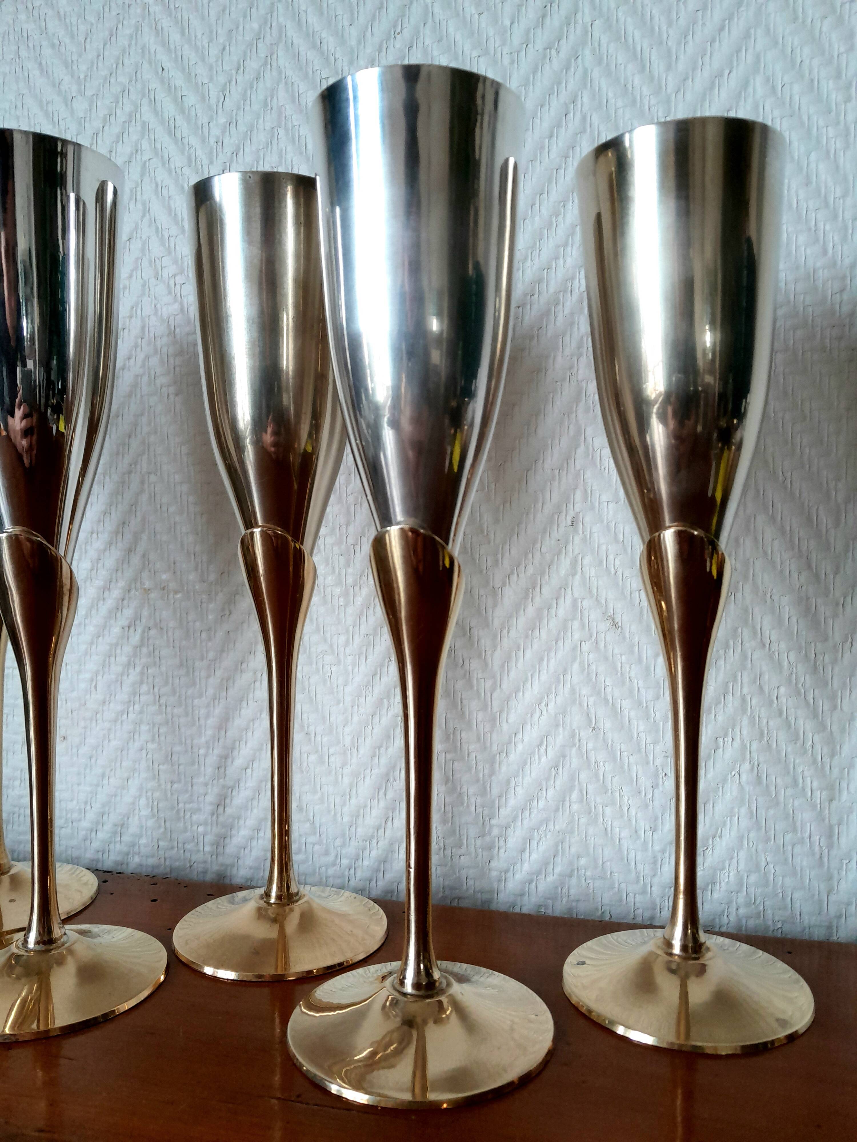 6 champagne flutes in brass and silver plated metal 1970