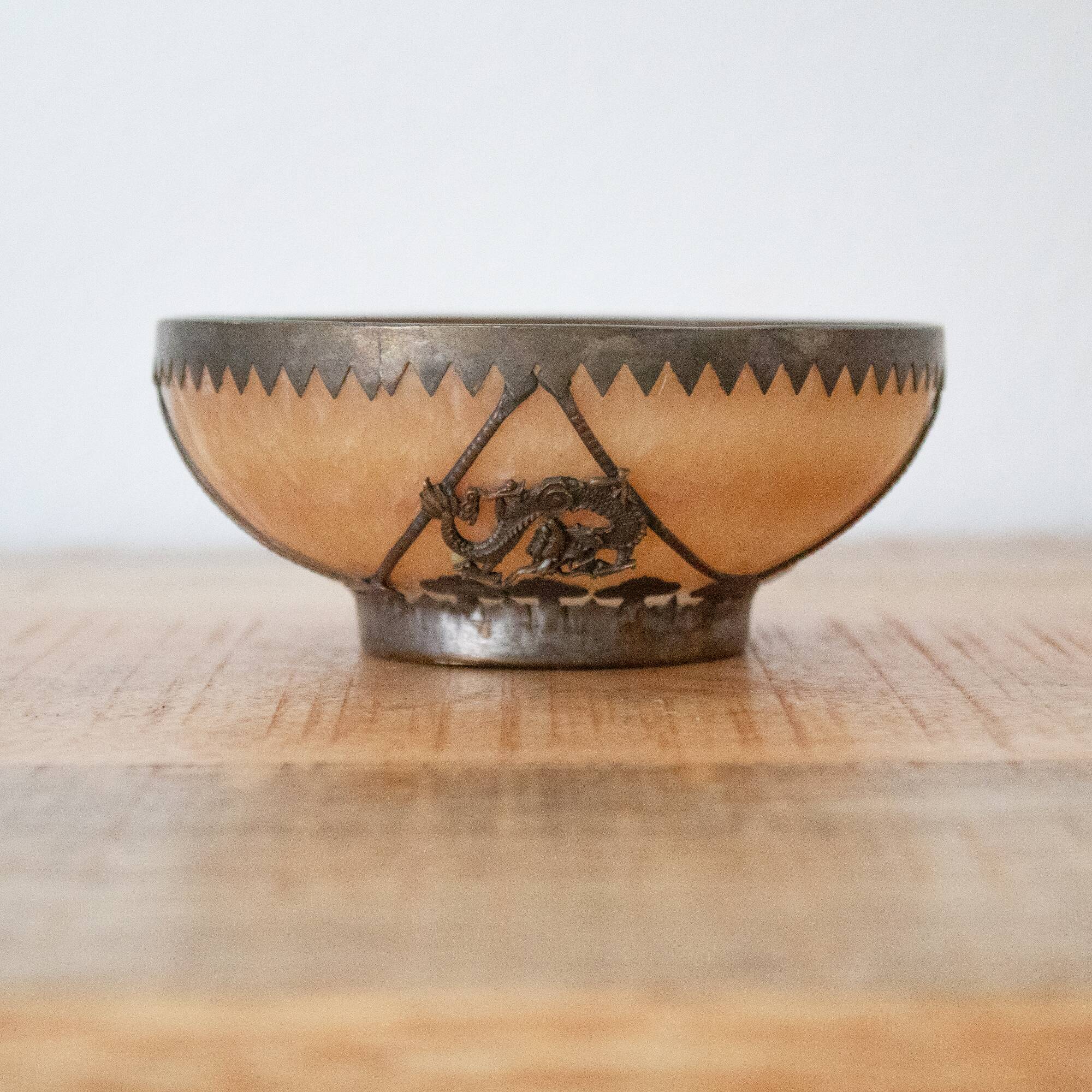 Vintage Oriental Stone Bowl with Metal Dragon and Phoenix Decorations