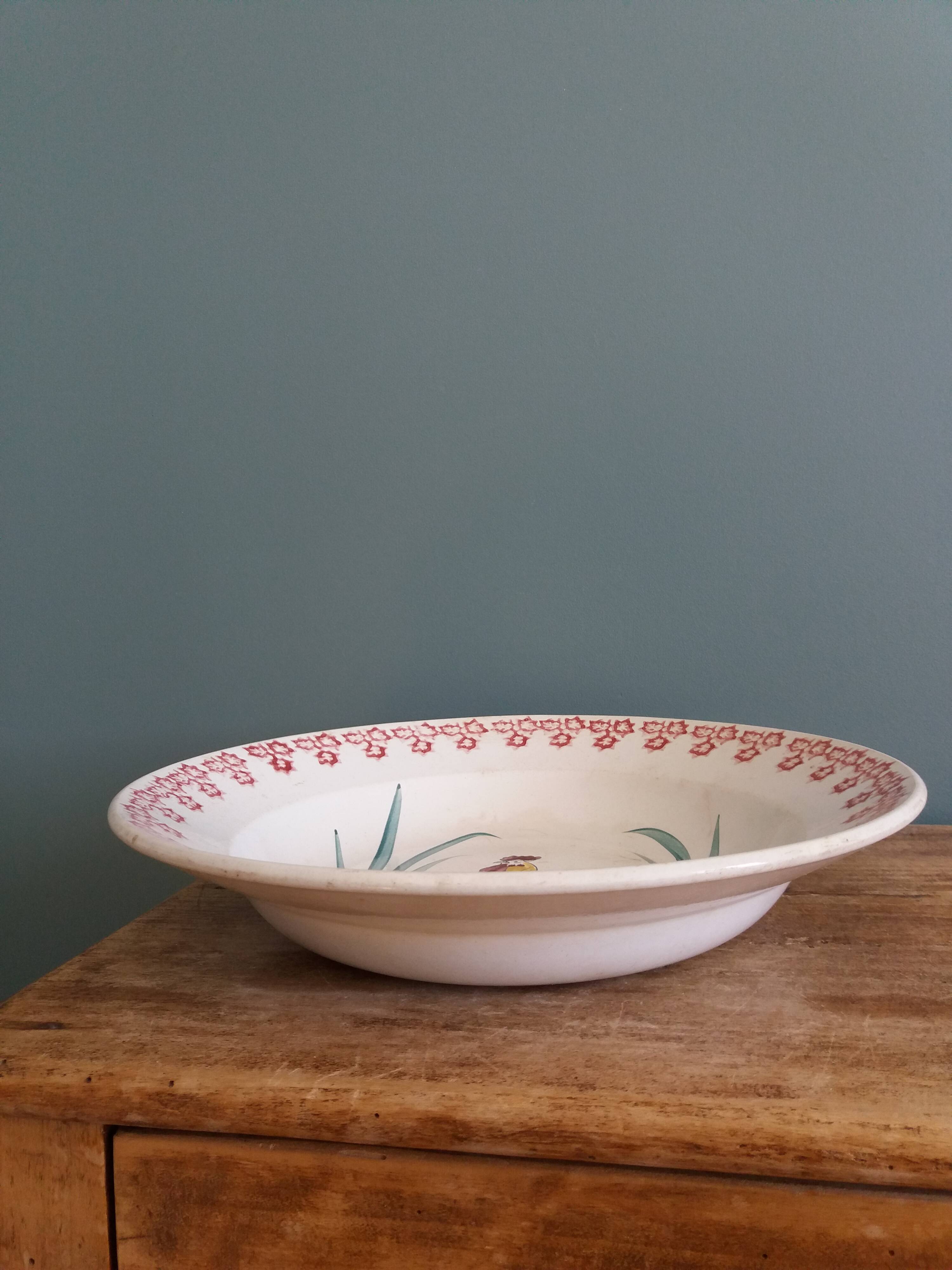Antique deep dish with hand-painted rooster, Charolles earthenware