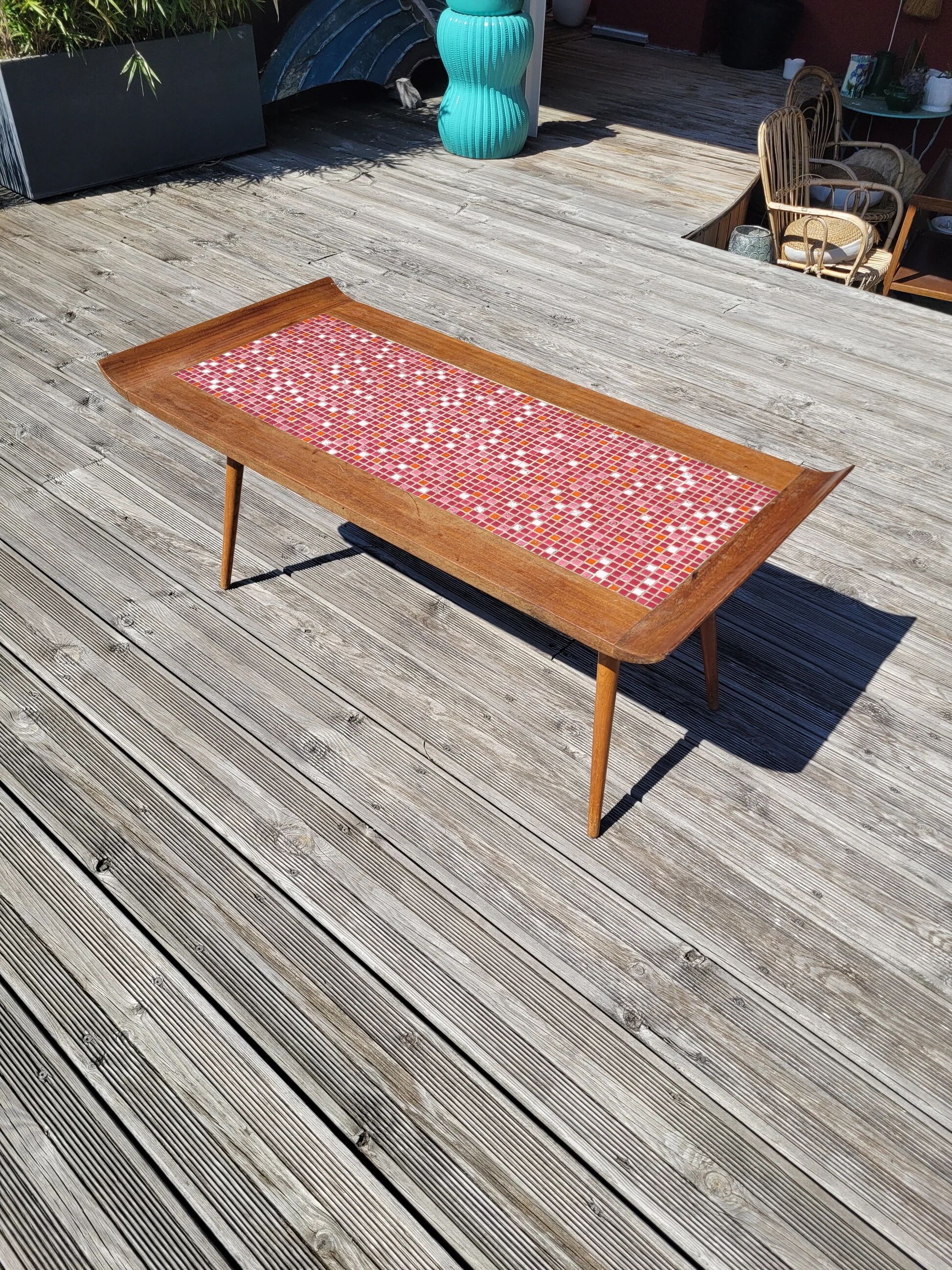 Vintage coffee table in teak and mosaic.