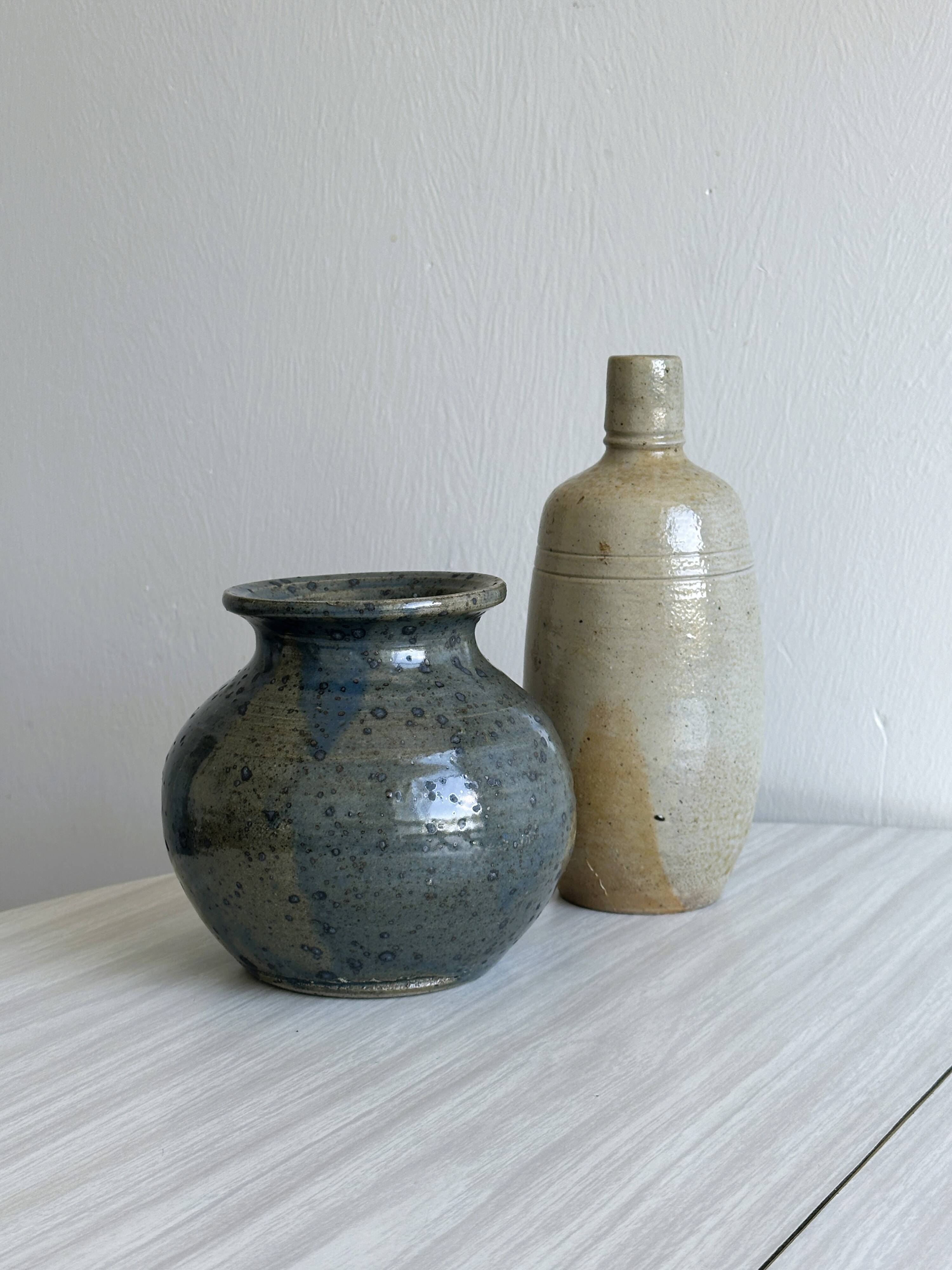 2 stoneware ceramics, vintage glazed stoneware vase