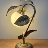 Vintage lamp with leaves in gilded brass and white opaline globe