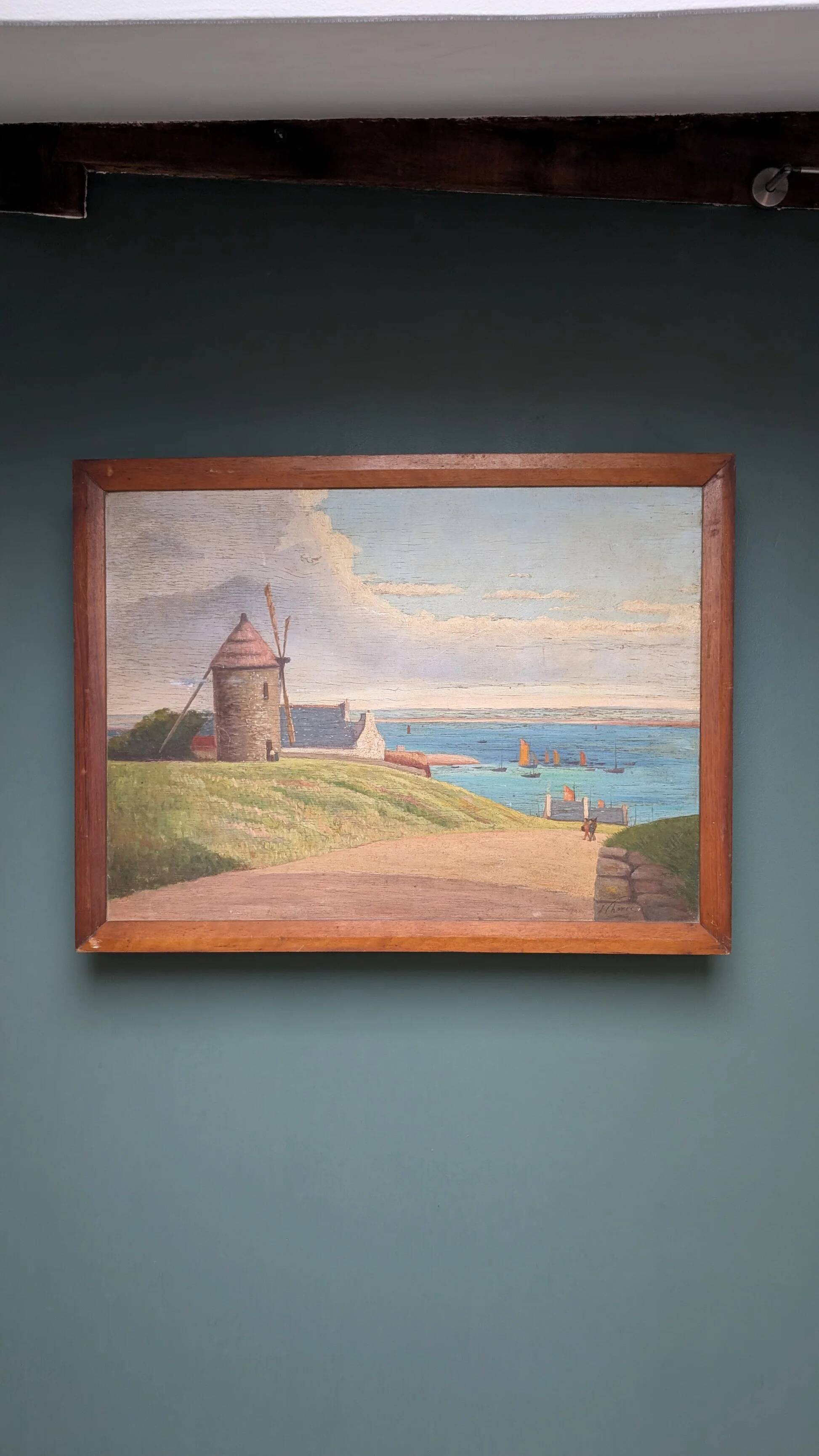 Tableau en bois - Marine au moulin