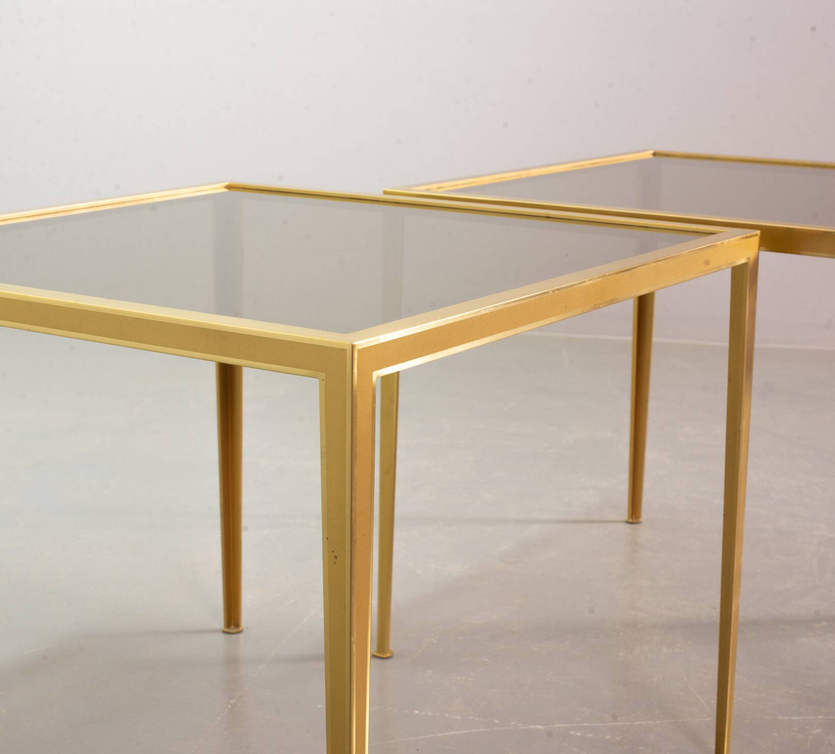 Solid Brass Side Tables with Smokey Glass Top by Vereinigte Werkstatten 70s