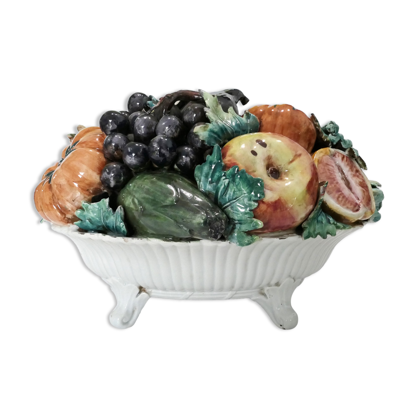 Coupe fruits et légumes en trompe l'oeil en céramique fin 19e