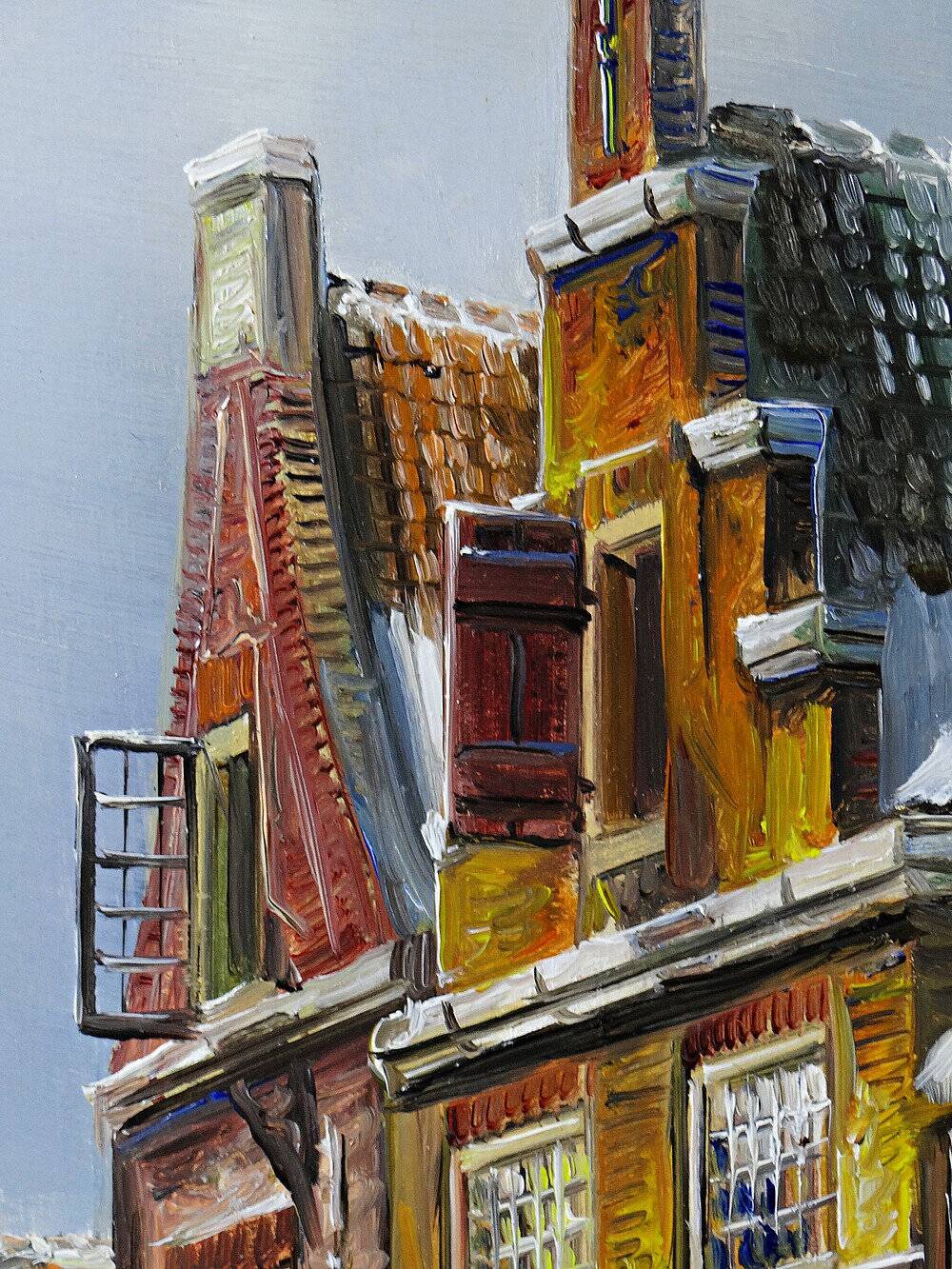 Large painting of an urban scene, oil on wood, framed, John Haanstra, vintage.