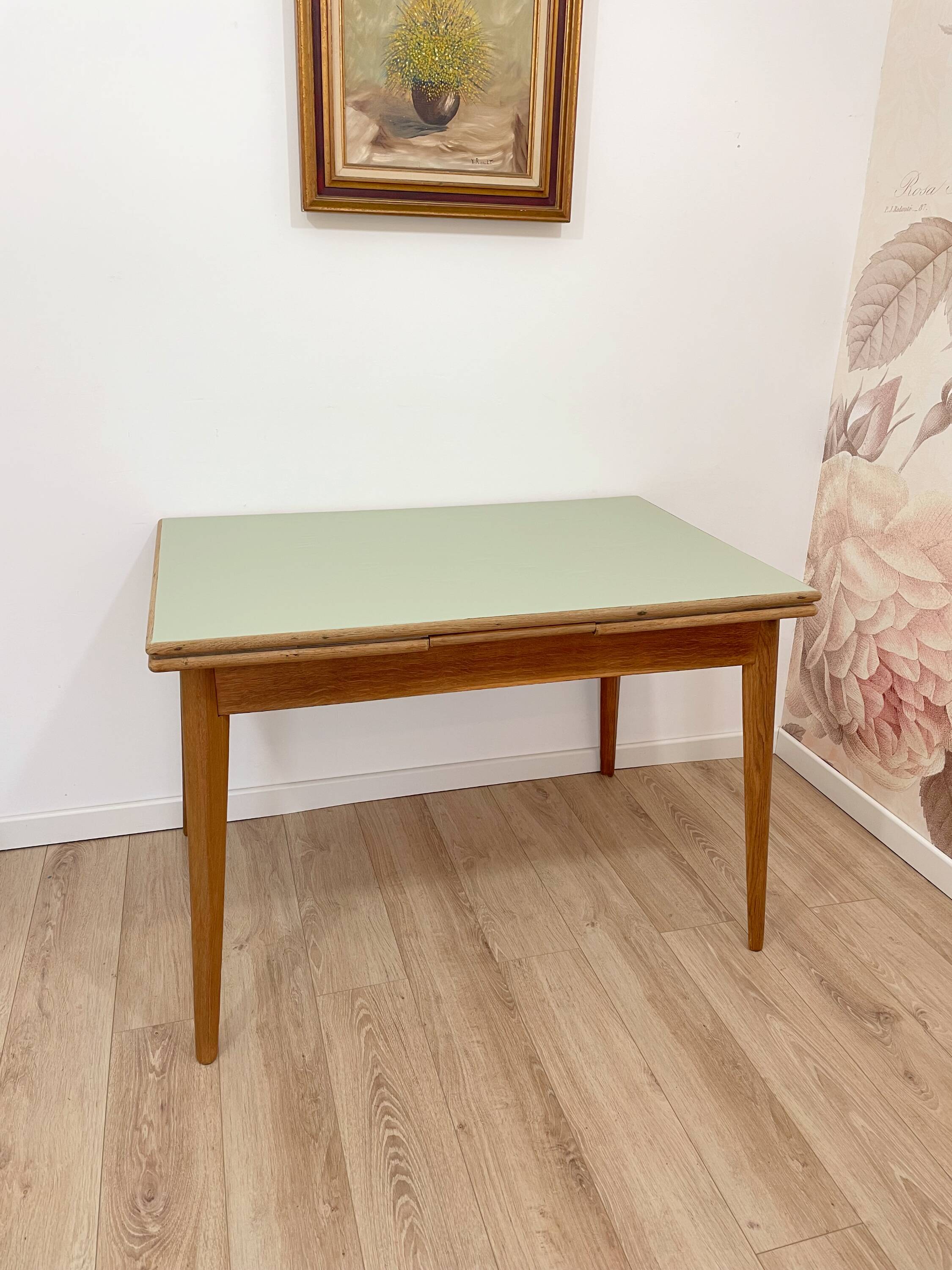 Vintage extendable dining table, wood and sage green