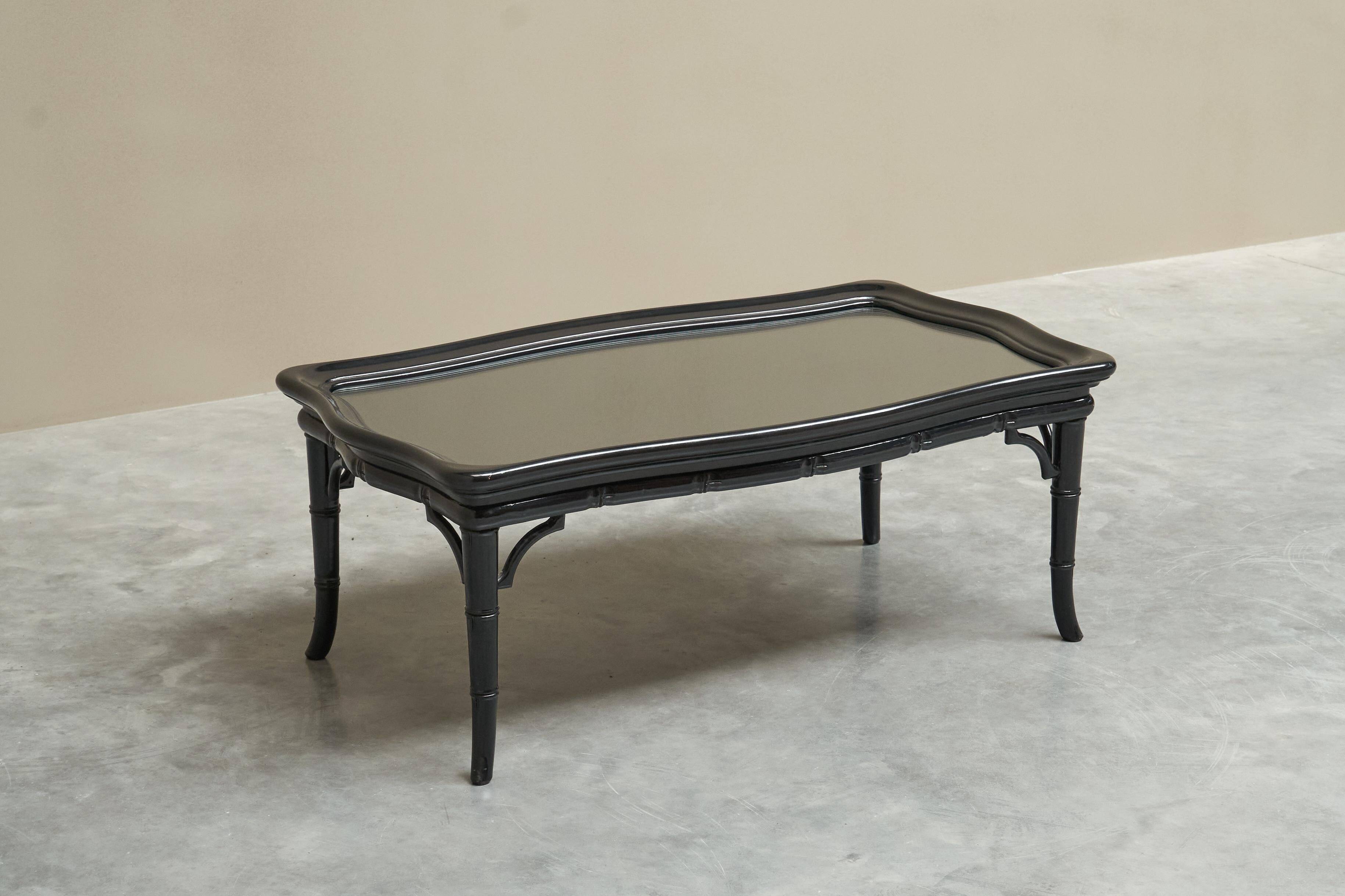 Coffee table in artificial bamboo, black lacquered wood and glass, 1960s.