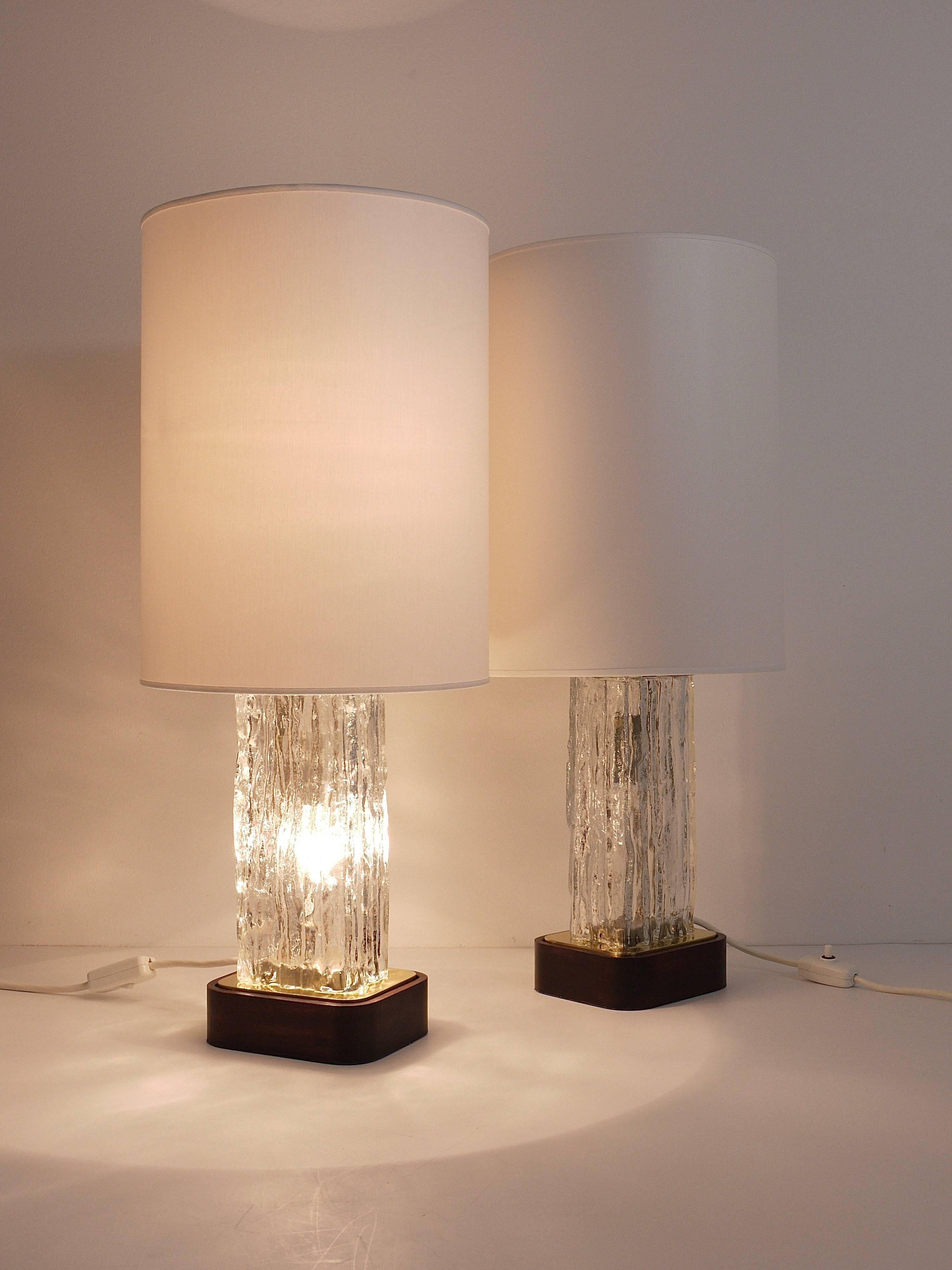 Pair of large glass ice table lamps by J.T. Kalmar "Frankenberg" with illuminated base.