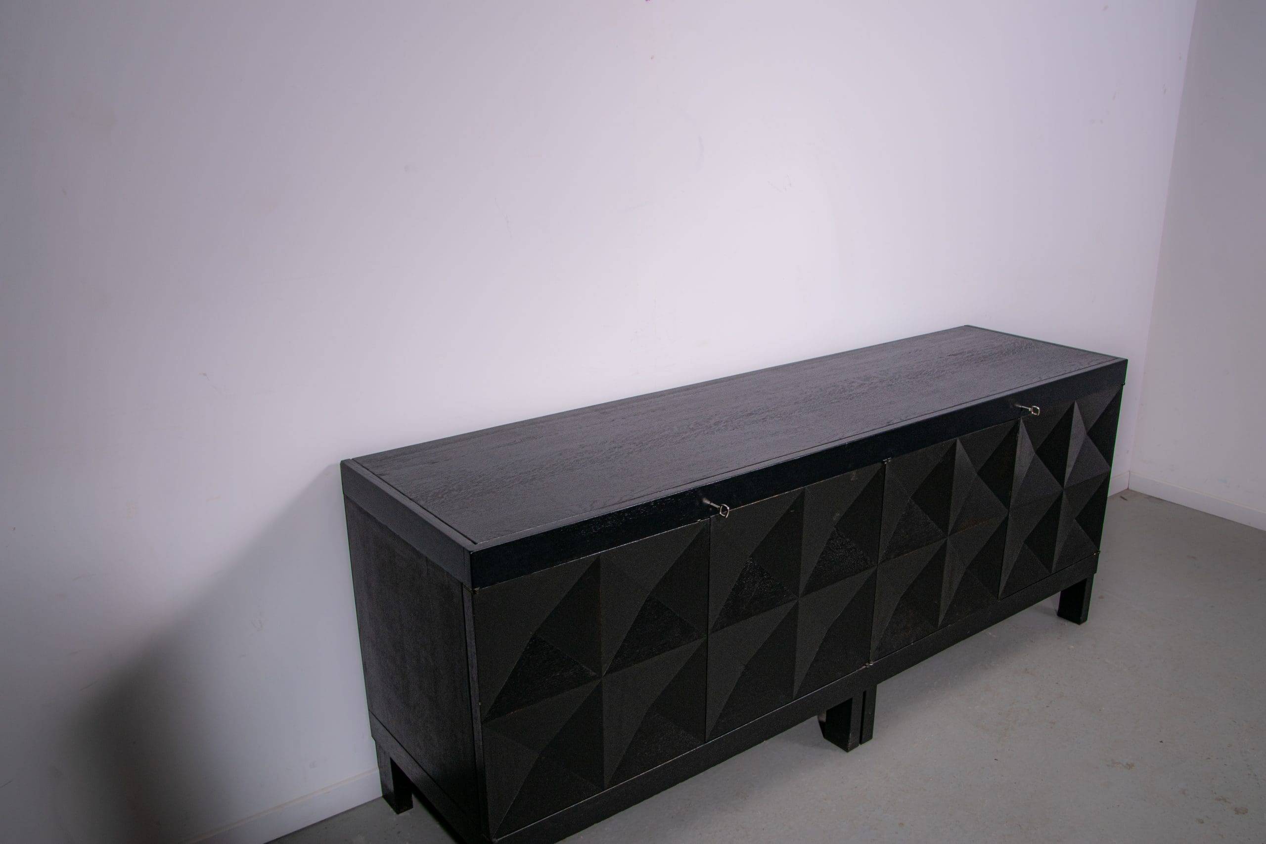 Black oak brutalist sideboard by Jean Batenburg with graphical doors for MI, Belgium