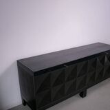 Black oak brutalist sideboard by Jean Batenburg with graphical doors for MI, Belgium