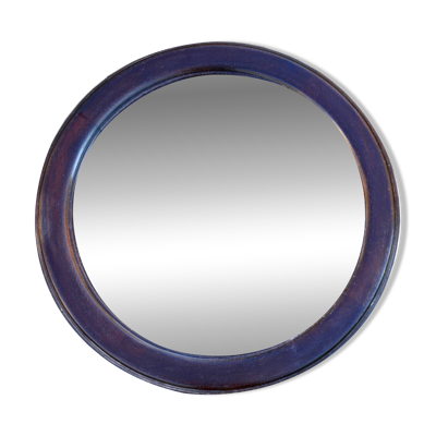 Miroir rond en chêne massif, biseauté, abimé, diamètre 56cm