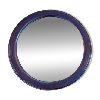 Miroir rond en chêne massif, biseauté, abimé, diamètre 56cm