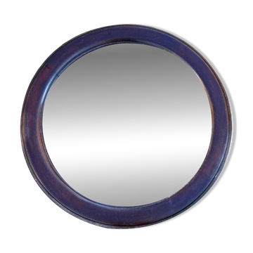 Miroir rond en chêne massif, biseauté, abimé, diamètre 56cm