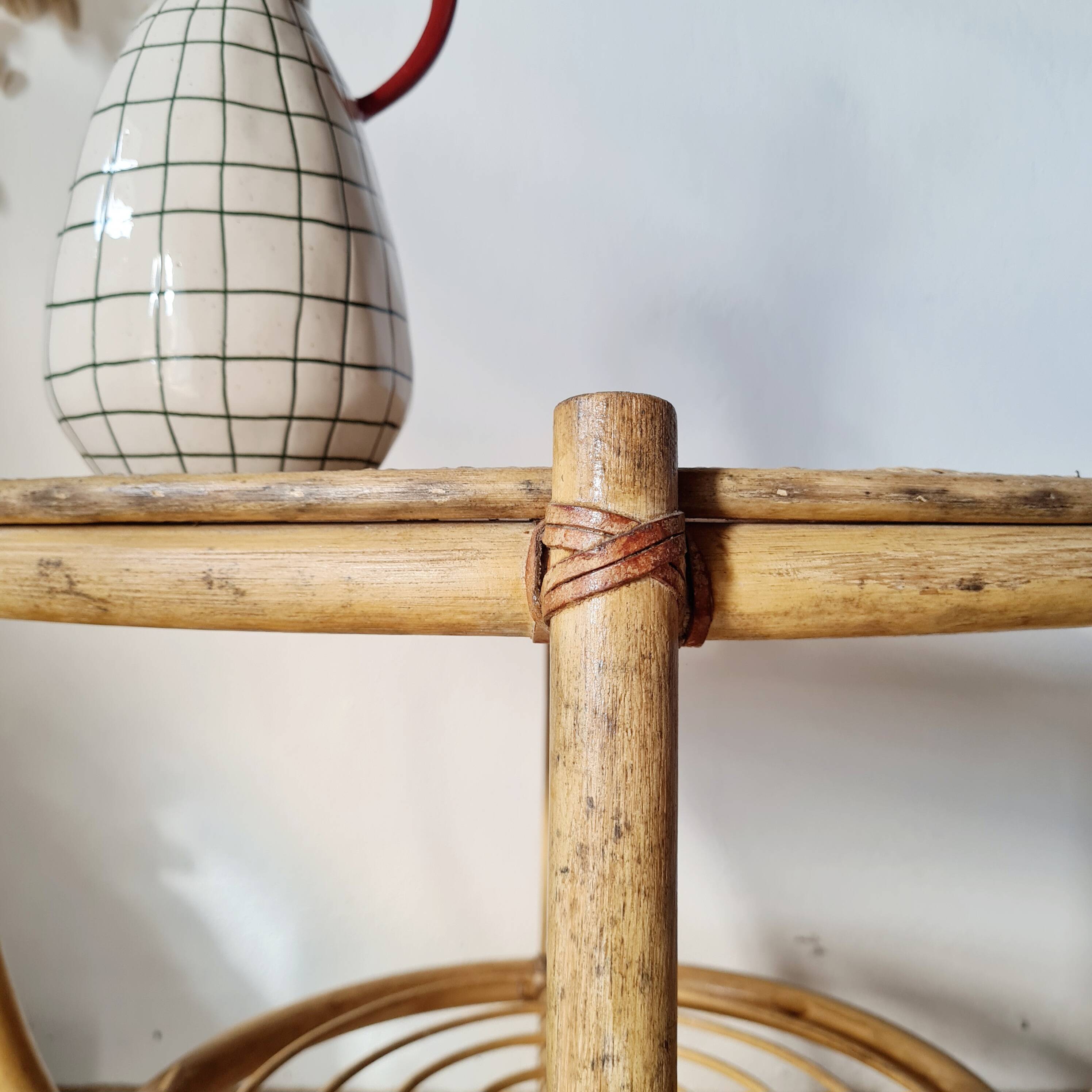 Vintage rattan side table with two round tops – 1960