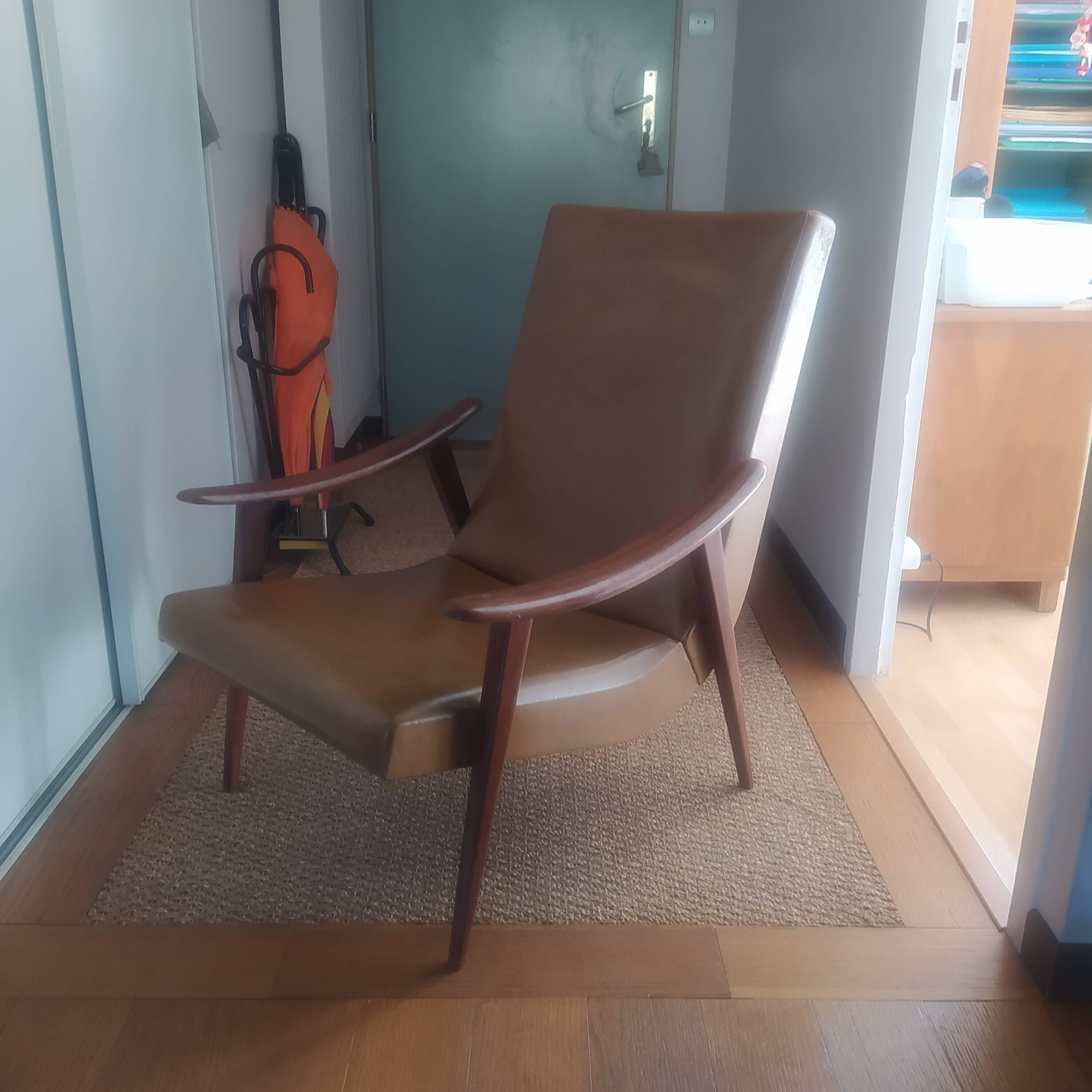 Vintage Boomerang armchair 1950 brown imitation leather